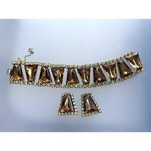 Vintage Trapezoid Topaz Citrine Rhinestone Bracelet Earrings